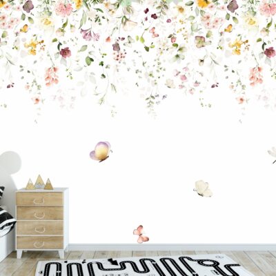 Fototapeta dla dzieci akwarelowe kwiaty z motylami M097