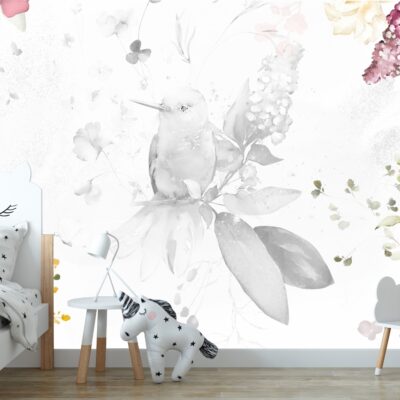 Fototapeta ptak między malowanymi kwiatami M098