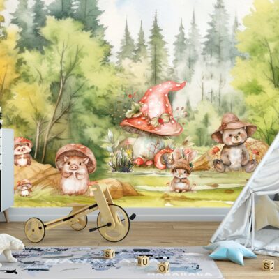 Fototapeta dla dzieci las pełen zwierząt roślin oraz grzybów M199