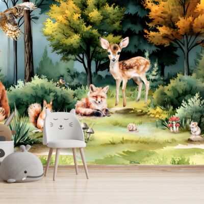 Fototapeta malowany las i dzikie zwierzęta drzewa