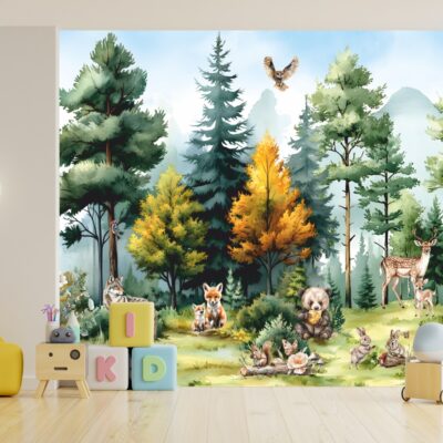 Fototapeta Malowany Las z Zwierzętami na polanie