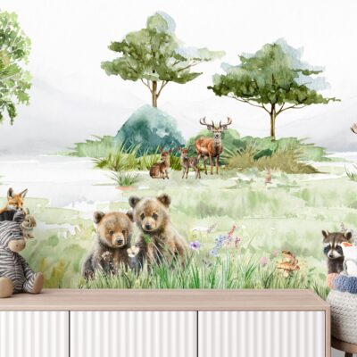 Fototapeta las leśna polana zwierzęta drzewa natura lis jeż