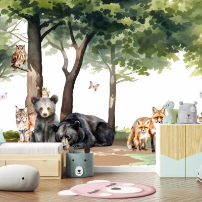 Fototapeta z leśną ścieżką i zwierzątkami – idealna do pokoju dziecka. Stwórz magiczne, naturalne wnętrze z uroczymi mieszkańcami lasu!
