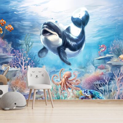 Fototapeta orka delfin ośmiornica i kolorowe ryby oceanie