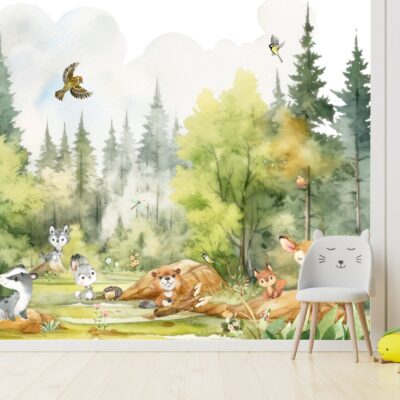 Fototapeta Leśne zwierzęta na polanie miś sarenka zajączek