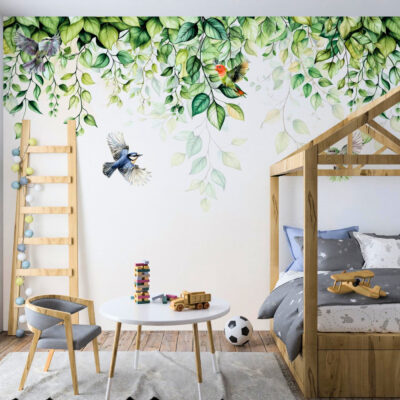 Fototapeta zwisające zielone liście w tle kolorowe ptaki