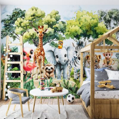 Fototapeta safari dżungla urocze zwierzęta słoń żyrafa zebra