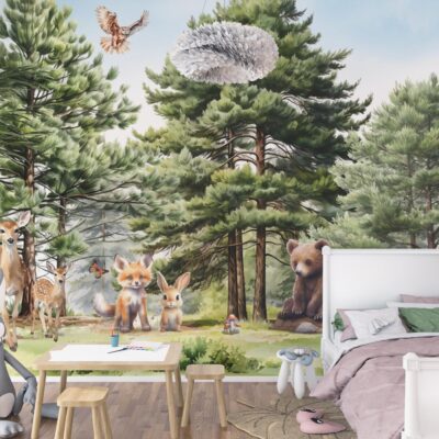 Fototapeta magiczny las i jego mieszkańcy lis, miś, zajączek