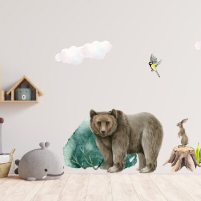 Naklejki na ścianę dla dzieci las miś zając sarenka jeż pta