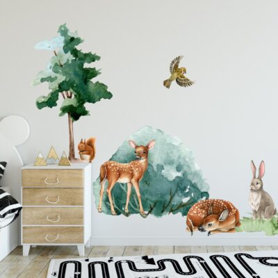 Naklejki na ścianę las krzewy sarenki lis jeż zajączek ptaki