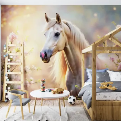 Fototapeta biały koń klacz między kwiatami bajka baśń