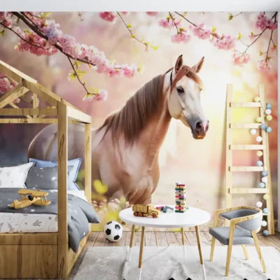 Fototapeta biały koń klacz między kwiatami i gałązkami baśń