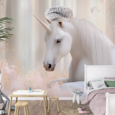 Fototapeta biały jednorożec między na polanie z kwiatów