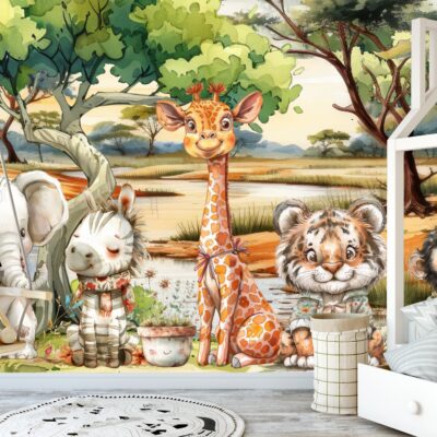 Bajkowa ilustracja przedstawiająca pięć uroczych zwierząt safari – nosorożca, lwa, żyrafę, zebrę i słonika – siedzących razem pod zielonymi drzewami. Zwierzęta mają na sobie kolorowe szaliki i ubranka ozdobione kwiatami. Obok nich stoją doniczki z roślinkami, a całość utrzymana jest w pastelowej, przyjaznej kolorystyce. Idealna grafika na fototapetę do pokoju dziecięcego.