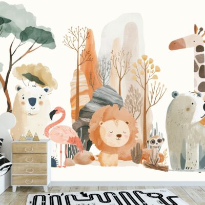 Zdjęcie przedstawia fototapetę ścienną z motywem safari i zwierząt, utrzymaną w pastelowych, ciepłych barwach. Na tapecie widać kilka stylizowanych, uroczych zwierząt: dużego, białego niedźwiedzia polarnego, różowego flaminga stojącego na jednej nodze, uśmiechniętego lwa, surykatkę oraz dużą żyrafę z długą szyją, obok której stoi mniejszy, szarobrązowy niedźwiedź. W prawym górnym rogu na drzewie siedzi koala. Zwierzęta otoczone są delikatnymi drzewami i stylizowanymi skałami w odcieniach zieleni, pomarańczy, brązu i szarości, tworząc krajobraz safari. W lewej części zdjęcia widać fragment białego łóżka z poduszkami i pościelą w czarno-białe paski, a obok niego jasną drewnianą komodę. Na podłodze leży dywanik z wzorem toru wyścigowego. Całość tworzy spokojną i przyjazną atmosferę, idealną do pokoju dziecięcego.