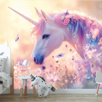 Fototapeta przedstawiająca realistycznego jednorożca z pastelową grzywą ozdobioną kwiatami, w polu pełnym fioletowych i różowych kwiatów, w świetle zachodzącego słońca.