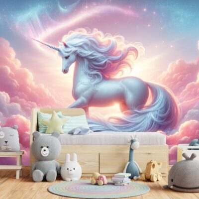 Biały jednorożec z długą, falowaną grzywą w odcieniach niebieskiego i różu, stojący wśród pastelowych różowych chmur, z rozgwieżdżonym niebem i łuną zachodzącego słońca w tle, w pokoju dziecięcym z pluszowymi zabawkami i drewnianymi meblami.