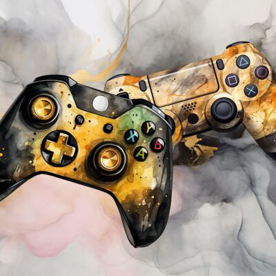 tapeta przedstawiająca dwa czarno żółte pady do gry na konsoli na tle szarej betonowej ściany