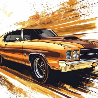 fototapeta dla nastolatka przedstawiająca Chevrolet Chevelle muscle car szkic w kolorze brązowo pomarańczowym