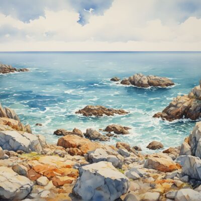 tapeta do pokoju dziecka przedstawiająca morze i zatoczkę z kamieniami