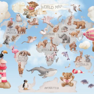 Fototapeta dla dzieci z mapą świata i zwierzątkami na tle błękitnego nieba i chmur