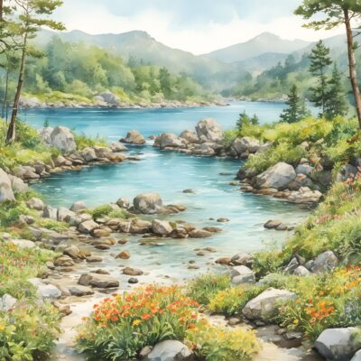 Tapeta dla dzieci przedstawiająca malowniczy las z jeziorem i górami