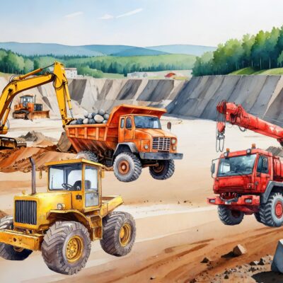 tapeta dla dzieci przedstawiająca koparke ładującą ziemię do wywrotki, w tle spychacz i inne maszyny budowlane.