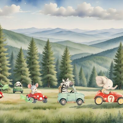 fototapeta dla dzieci przedstawiająca zwierzątka safari w leśnym wyścigu