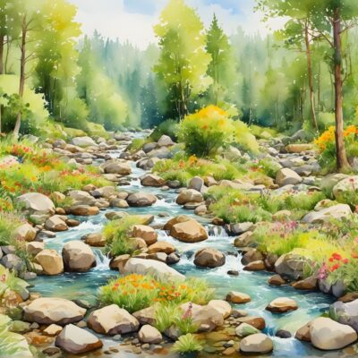 Fototapeta dla dzieci przedstawiająca kolorowy bajkowy las i strumyk