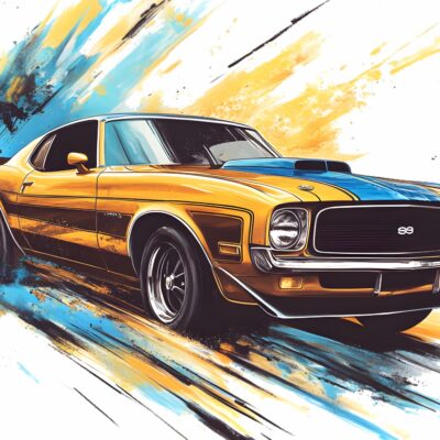 obrazek przedstawiający fototapetę dla nastolatka - auto Ford Mustang GT muscle car szkic w kolorze niebiesko żółtym