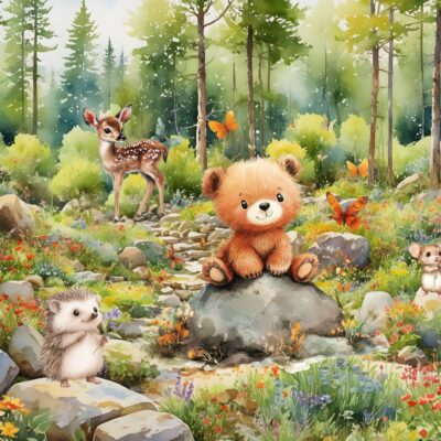 Tapeta dla dzieci przedstawiająca bajkowy las z misiem sarenką i jeżykiem