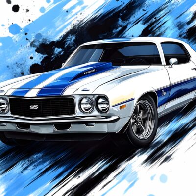 fototapeta dla chlopca przedstawiająca szkic samochód Chevrolet Camaro w biało niebieskim kolorze.