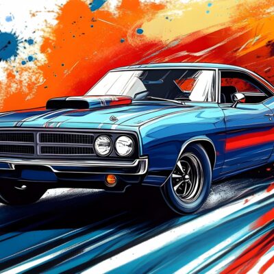 fototapeta dla dziecka Dodge Coronet muscle car szkic w kolorze niebiesko pomarańczowo czarnym