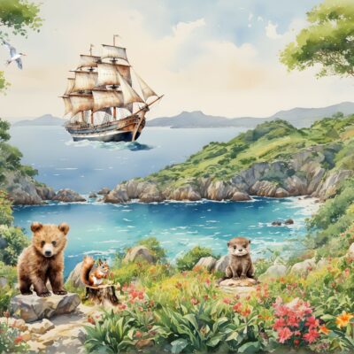 Fototapeta dla dzieci statek na morzu na brzegu miś wydra wiewiórka.