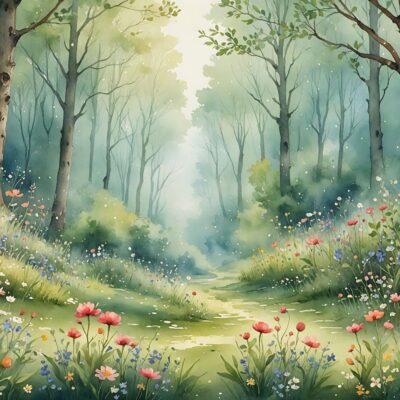 Tapeta dla dzieci przedstawiająca malowany tajemniczy las