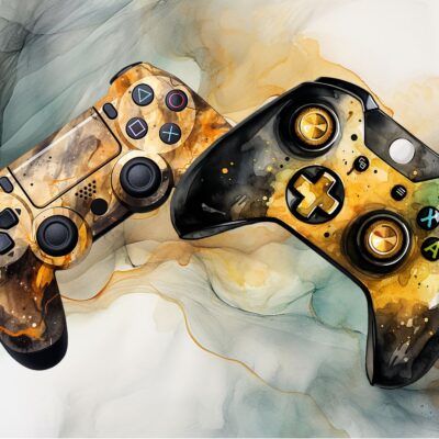 fototapeta do pokoju nastolatka przestawiająca dwa pady do konsoli czarno złote w stylu grafitii na szaro mlecznej ścianie marmurowej.