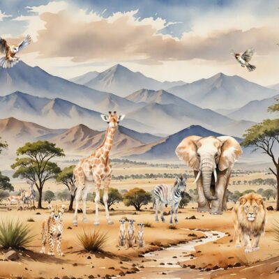 fototapeta dla dzieci przedstawiająca zwierzęta safari słonia lwa zebrę żyrafę