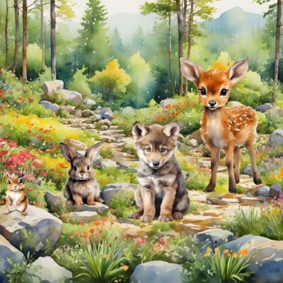 Tapeta dla dzieci przedstawiająca leśne zwierzęta w magicznym lesie