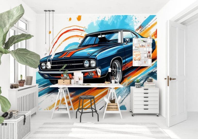 obrazek przedstawiający fototapetę młodzieżową z samochodem amerykańskim w niebiesko pomarańczowych barwach w stylu Road Runner muscle car