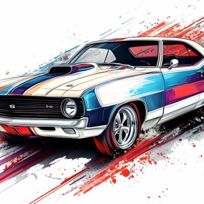 Fototapeta dla nastolatka przedstawiająca szkic samochodu Chevrolet Camaro w biało niebiesko czerwonym kolorze