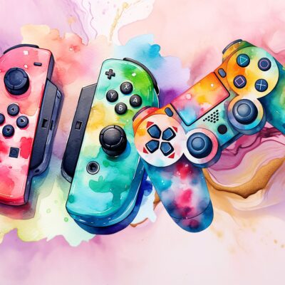 fototapeta przedstawia kolorowe pady do grania na konsoli na tle rózowo fioletowej marmurowej ściany.