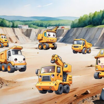 Fototapeta dla dzieci przedstawiająca ładowarki i koparki.