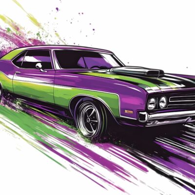 fototapeta dla nastolatka przedstawiająca auto Retro Hot Rod szkic w kolorze fioletowo zielonym.