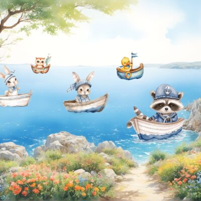 tapeta dla niemowlaka - zwierzątka szop kaczuszka zajączki pływające łódkami po morzu.