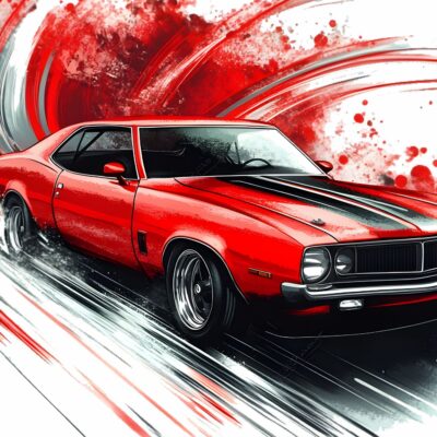 fototapeta dla chłopca samochód Chevrolet Camaro szkic w czerwono czarnych kolorach.