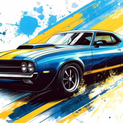 Fototapeta dla nastolatka przedstawiająca samochód form mustang jako szkic w żółto niebieskim kolorze