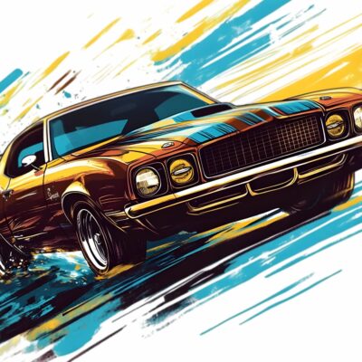 fototapeta do pokoju chłopca przedstawiająca samochód retro muscle car szkic w kolorze niebiesko pomarańczowym.