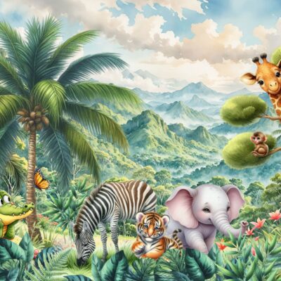 Fototapeta dla dzieci przedstawiająca zwierzęta żyrafę słonia i zebrę na tle roślinności w dżungli