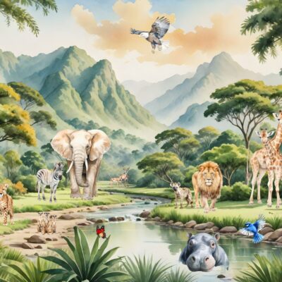 fototapeta dla dzieci z motywem safari przedstawiająca słonia, lwa, zyrafę nad strumykiem.