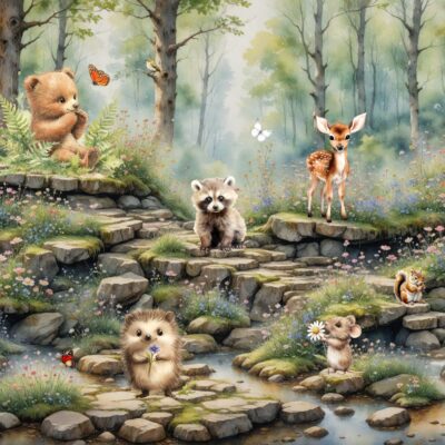 Fotota[eta dla dzieci las i leśne słodkie zwierzątka siedzące na kamyczkach w strumyku.